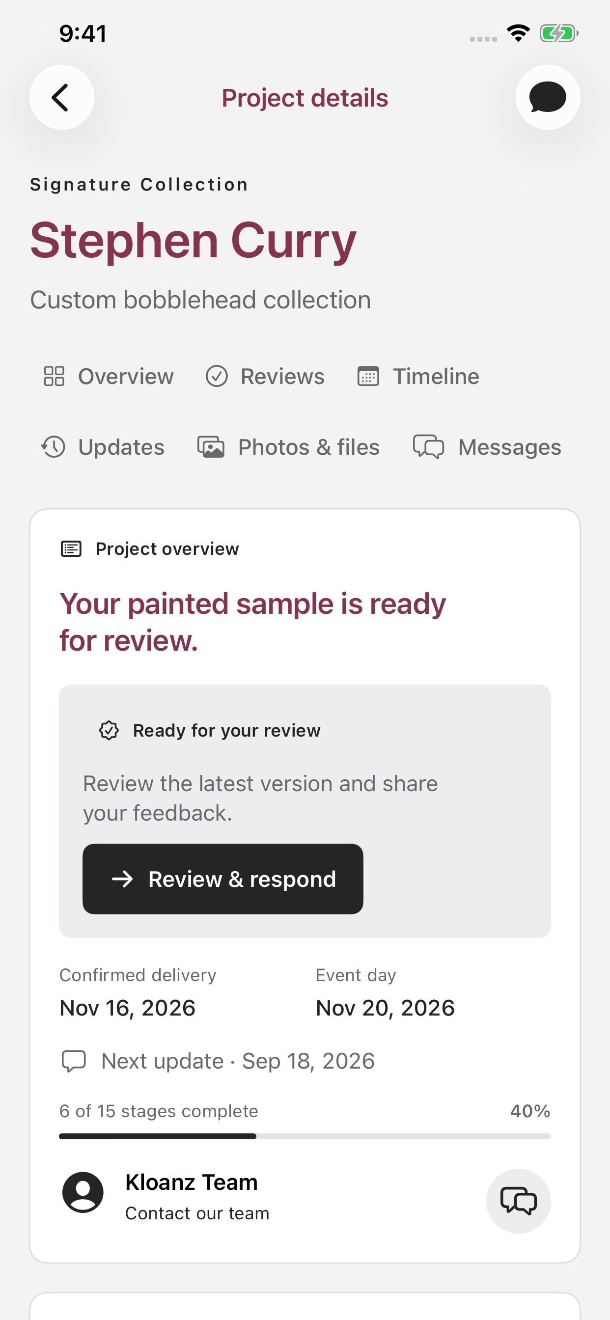 Kloanz project overview showing sample reviews, delivery milestones and project conversations