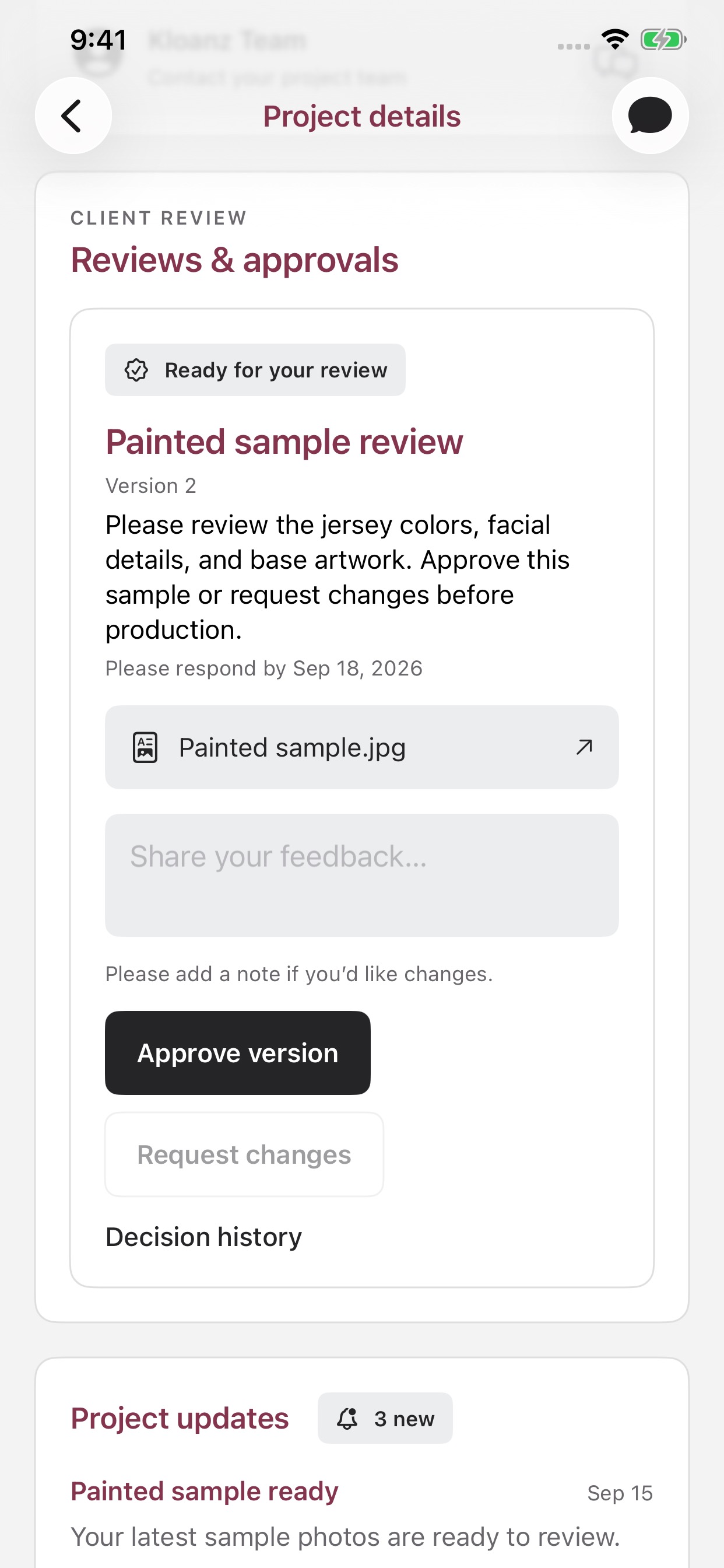 Kloanz sample review and approval screen