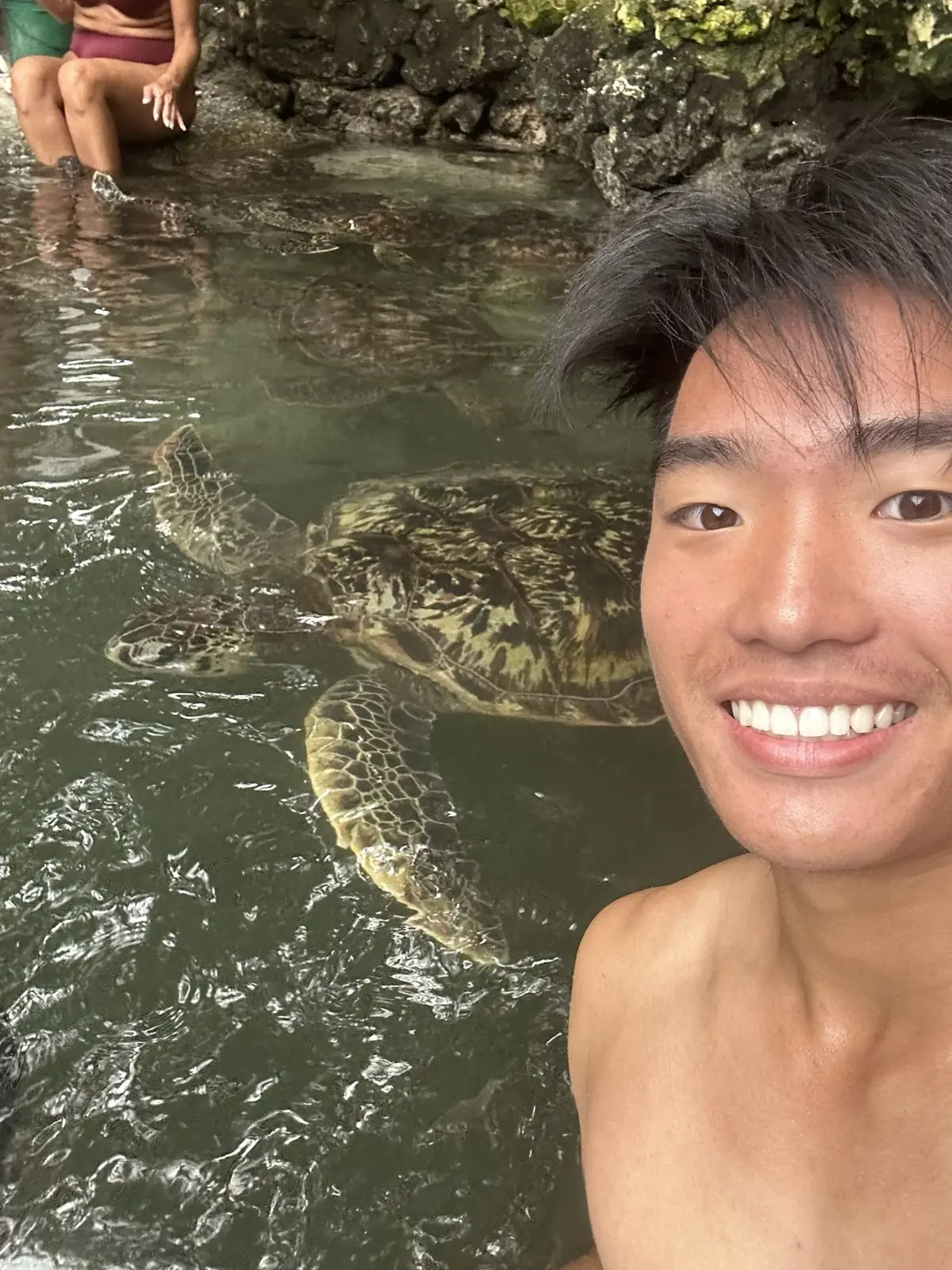 A selfie beside a swimming turtle in Nungwi